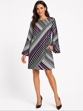 Trina Turk Striped Shift Dress Multicolor Geometric Print Long Sleeve Size M